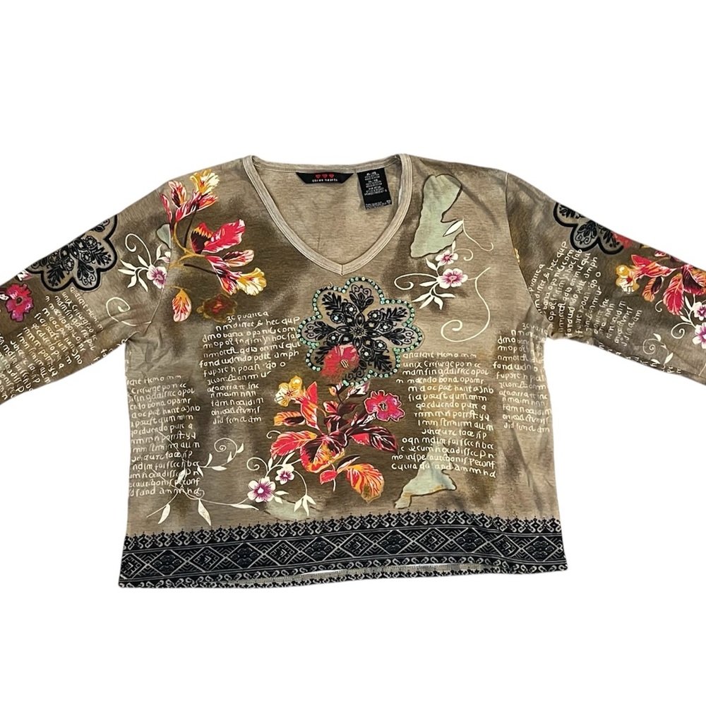 Vintage V-Neck Boho Long Sleeve Floral Top - Brown and Red, Beaded Accents